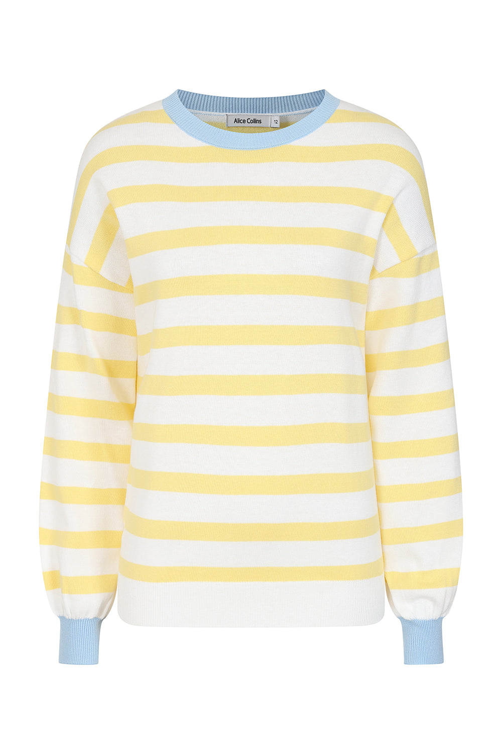 Buy Online Fowey Stripe Pullover Alice Collins -  Butter Yellow and white striped sweater with blue cuffs and hem on a white background