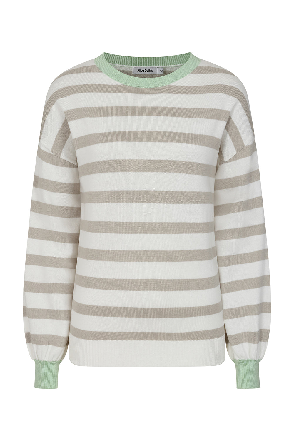 Buy Online Fowey Stripe Pullover Alice Collins -  Striped sweater with green accents on a white background
