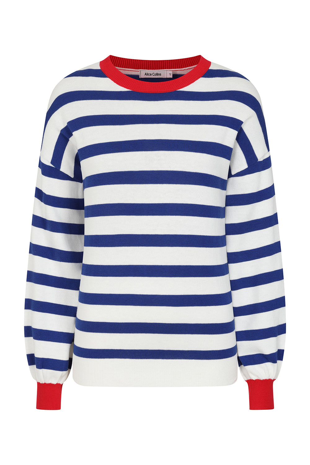 Buy Online Fowey Stripe Pullover Alice Collins -  Blue and white striped sweater with red trim on a white background
