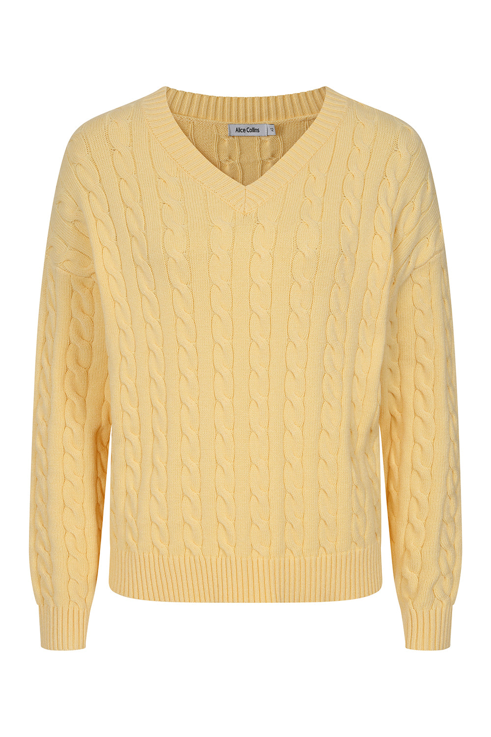 Buy Online Padstow Pullover Alice Collins - Butter Yellow cable knit sweater on a white background