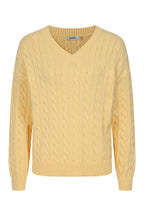 Buy Online Padstow Pullover Alice Collins - Butter Yellow cable knit sweater on a white background