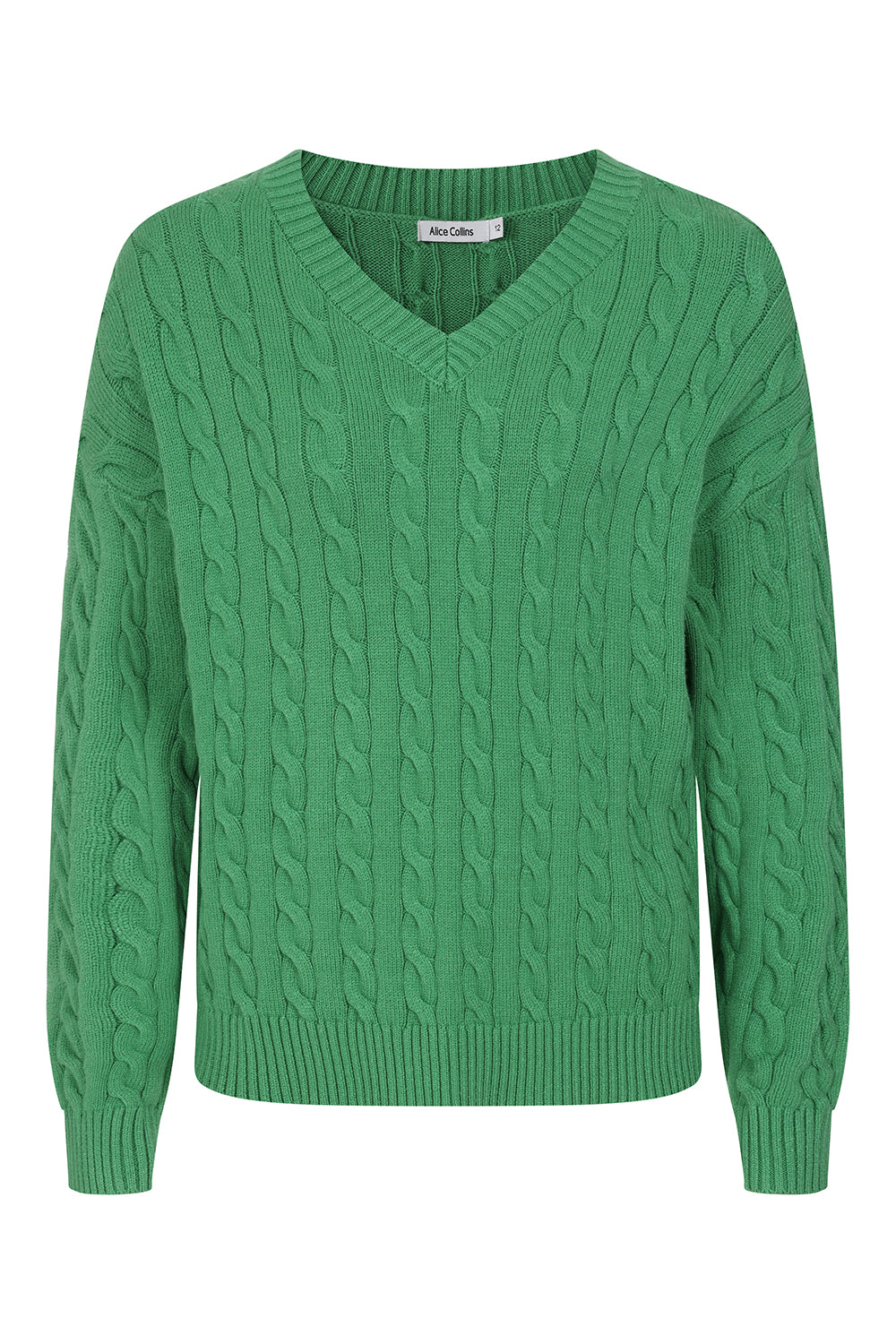 Buy Online Padstow Pullover Alice Collins -  Green cable knit sweater on a white background