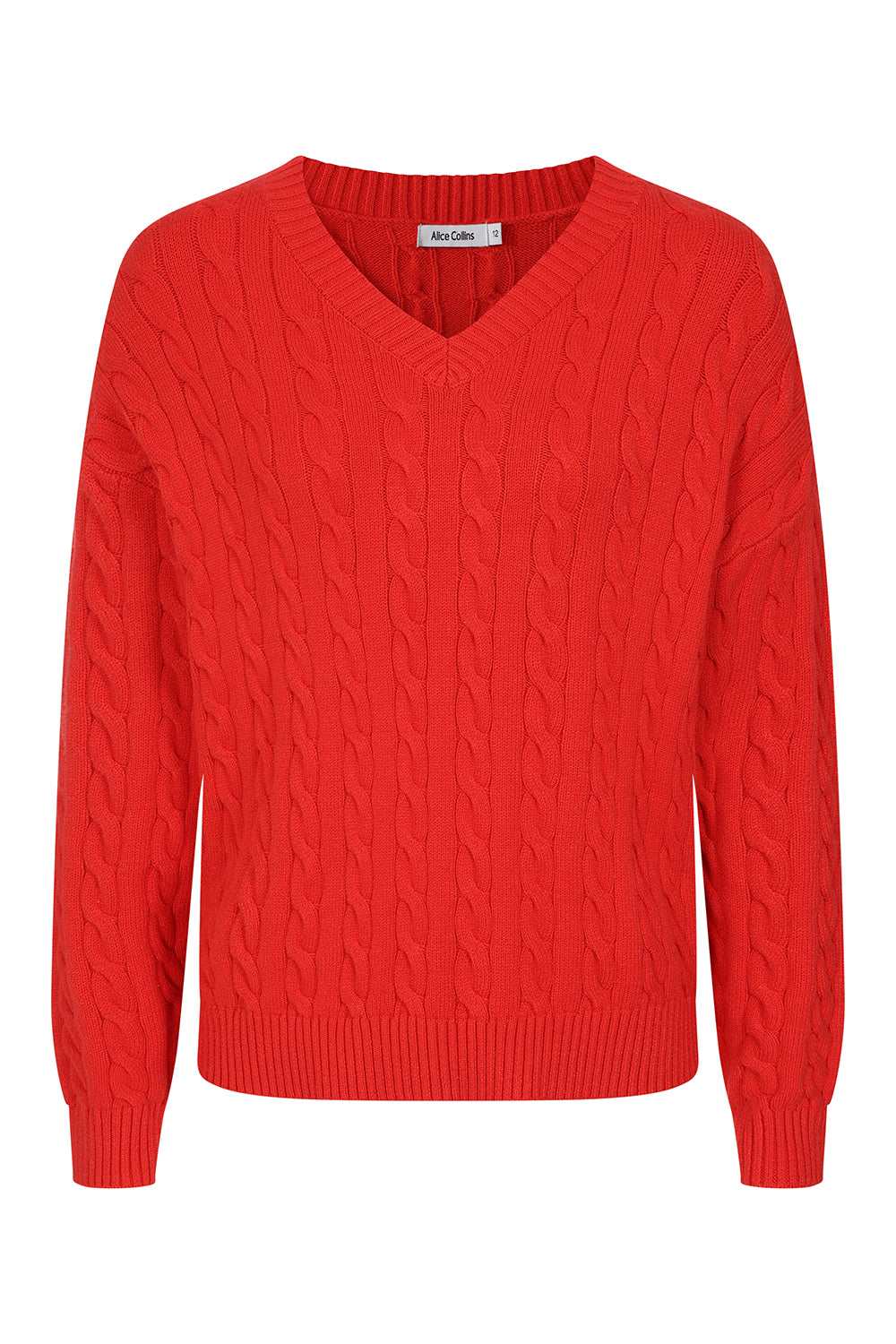 Buy Online Padstow Pullover Alice Collins - Red cable knit sweater on a white background