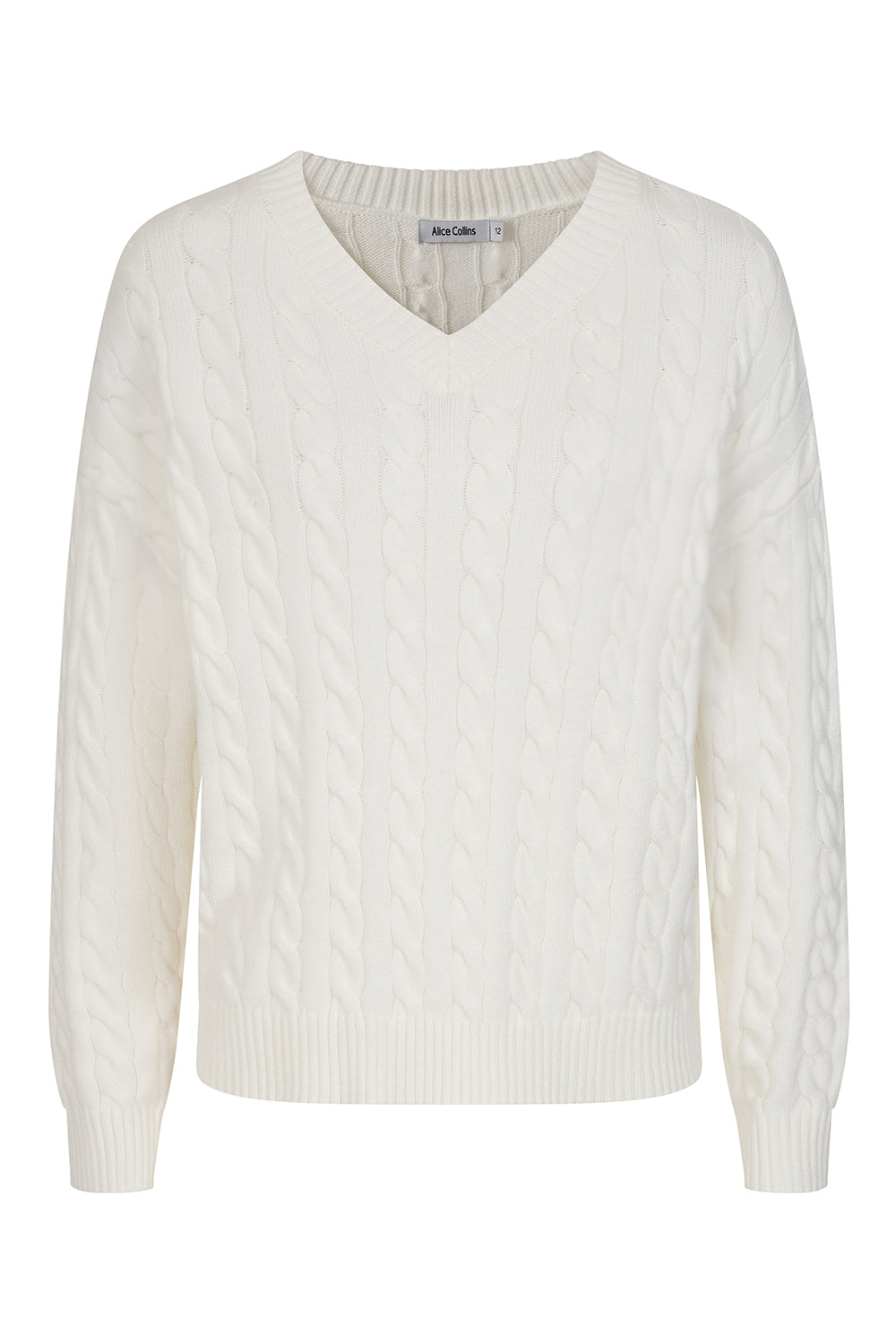 Buy Online Padstow Pullover Alice Collins -  White cable knit sweater on a white background