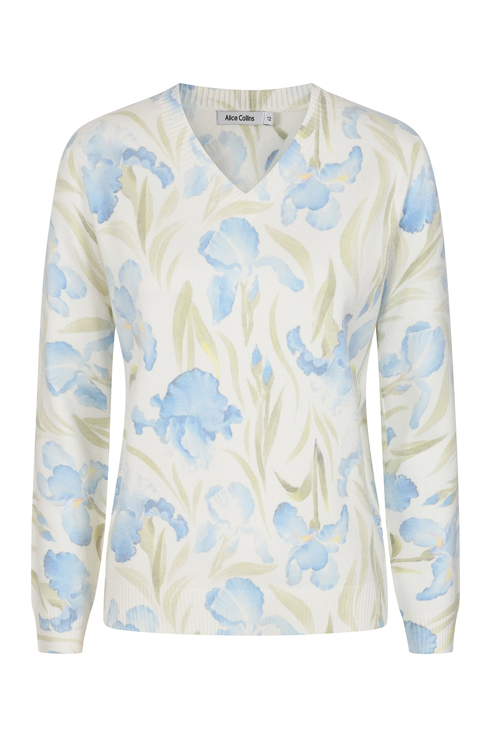 Buy Online Crocus Pullover Alice Collins - Long-sleeve shirt with blue floral pattern on a white background