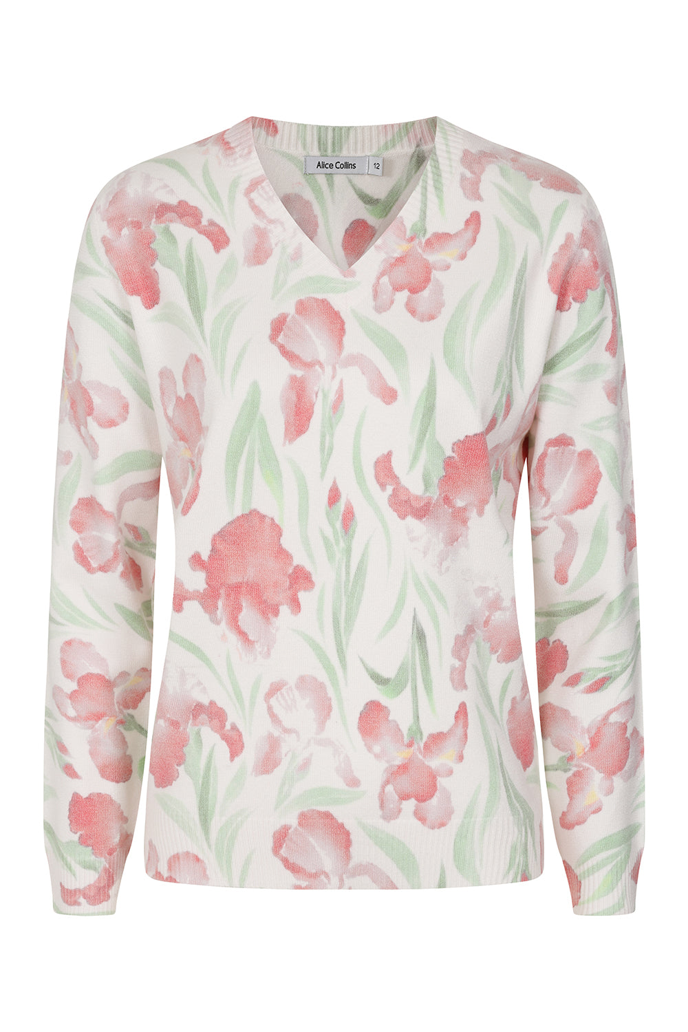 Buy Online Crocus Pullover Alice Collins - Floral patterned shirt with pink flowers on a white background
