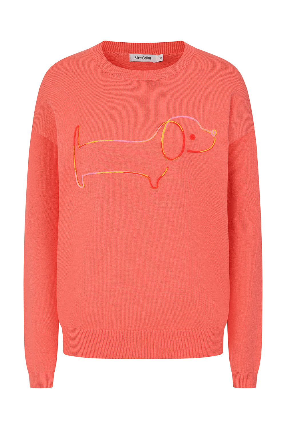 Buy Online Sausage Dog Pullover Alice Collins - Coral sweater with a dog design on a white background