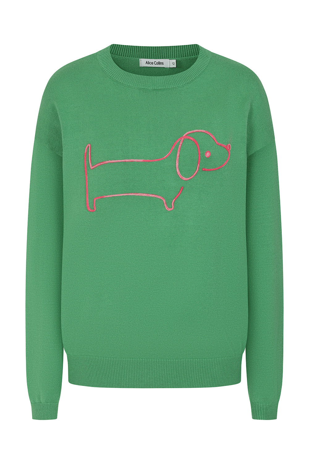 Buy Online Sausage Dog Pullover Alice Collins - Green sweater with red dog design on a white background