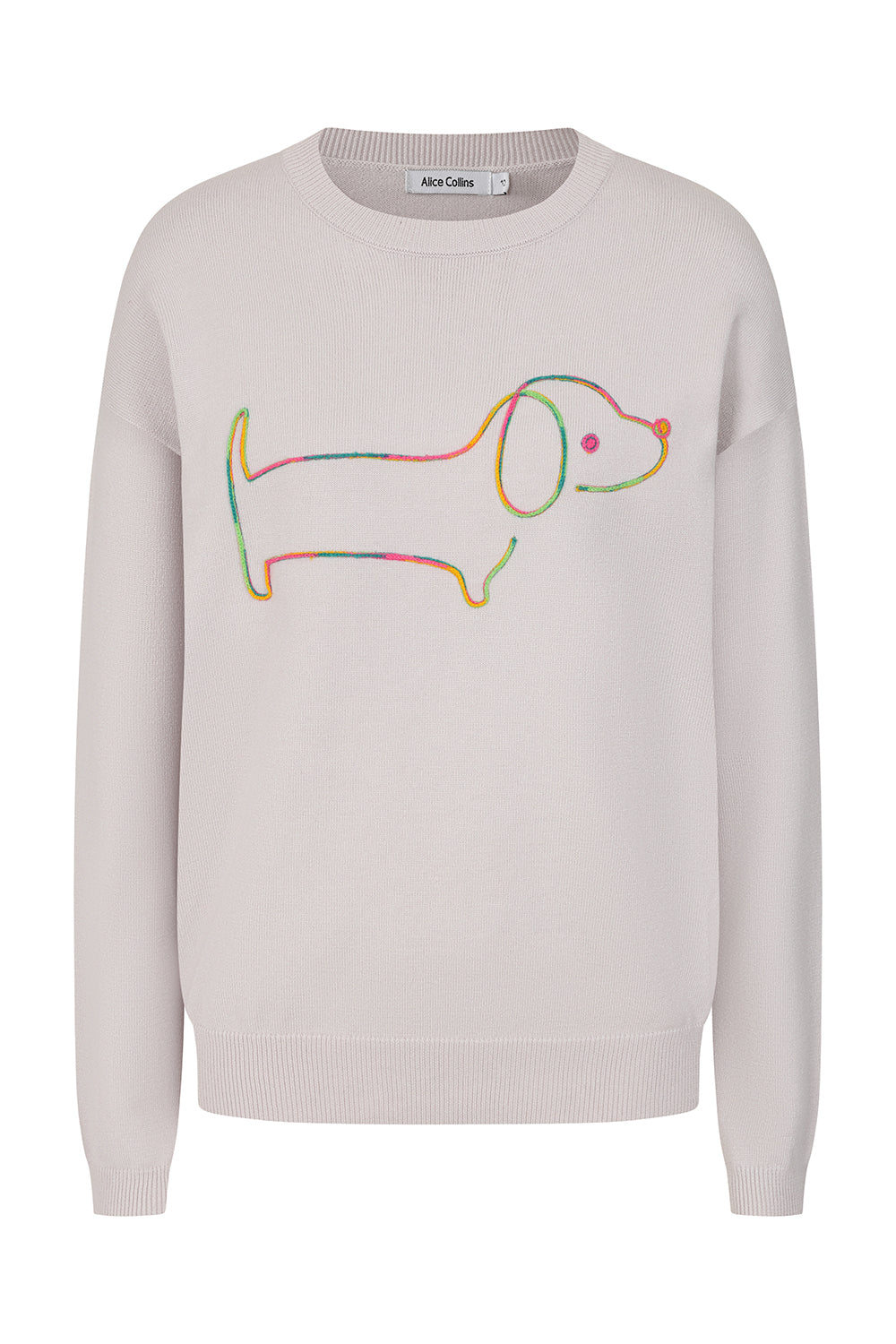Buy Online Sausage Dog Pullover Alice Collins - Light pink sweater with a colorful dog design on a white background