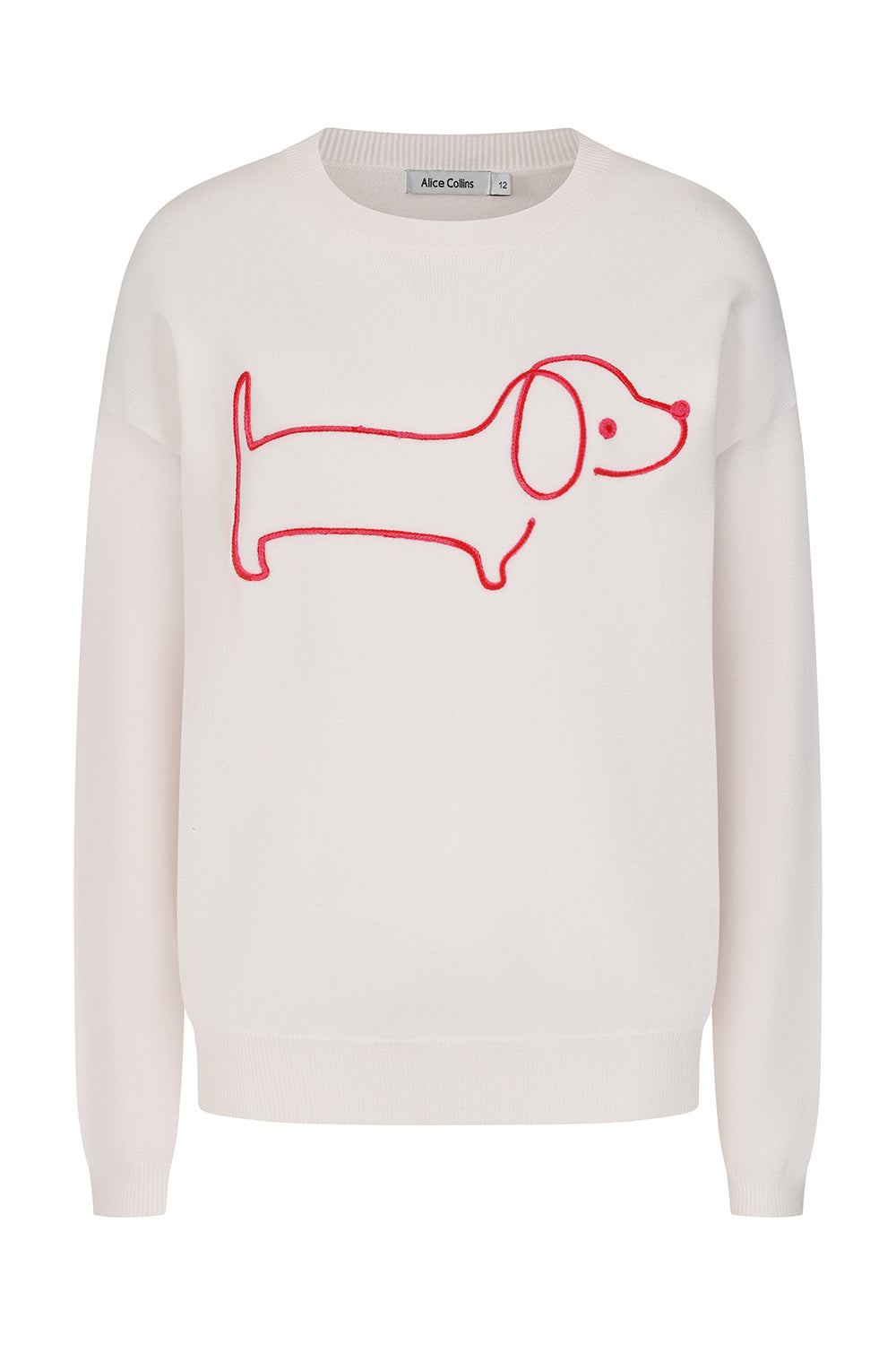 Buy Online Sausage Dog Pullover Alice Collins - Wild Oat sweater with red dachshund outline design on a white background