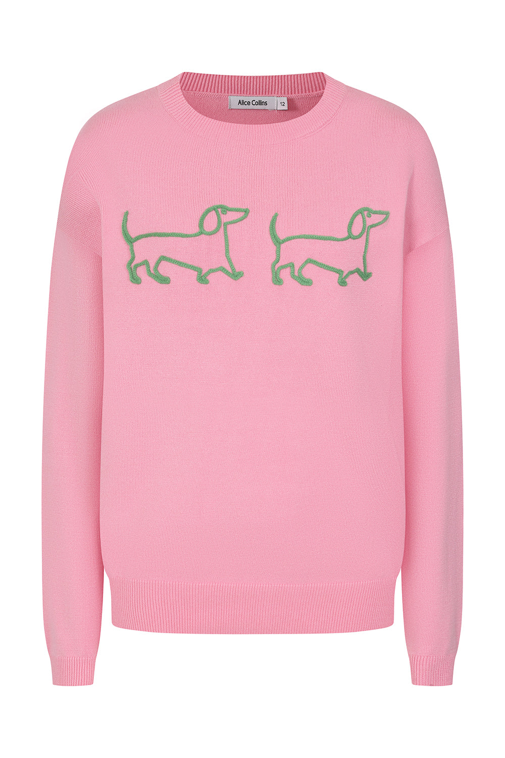 Buy Online Jessie & Pippa Pullover Alice Collins -  Pink sweater with green dachshund designs on a white background