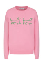Buy Online Jessie & Pippa Pullover Alice Collins -  Pink sweater with green dachshund designs on a white background