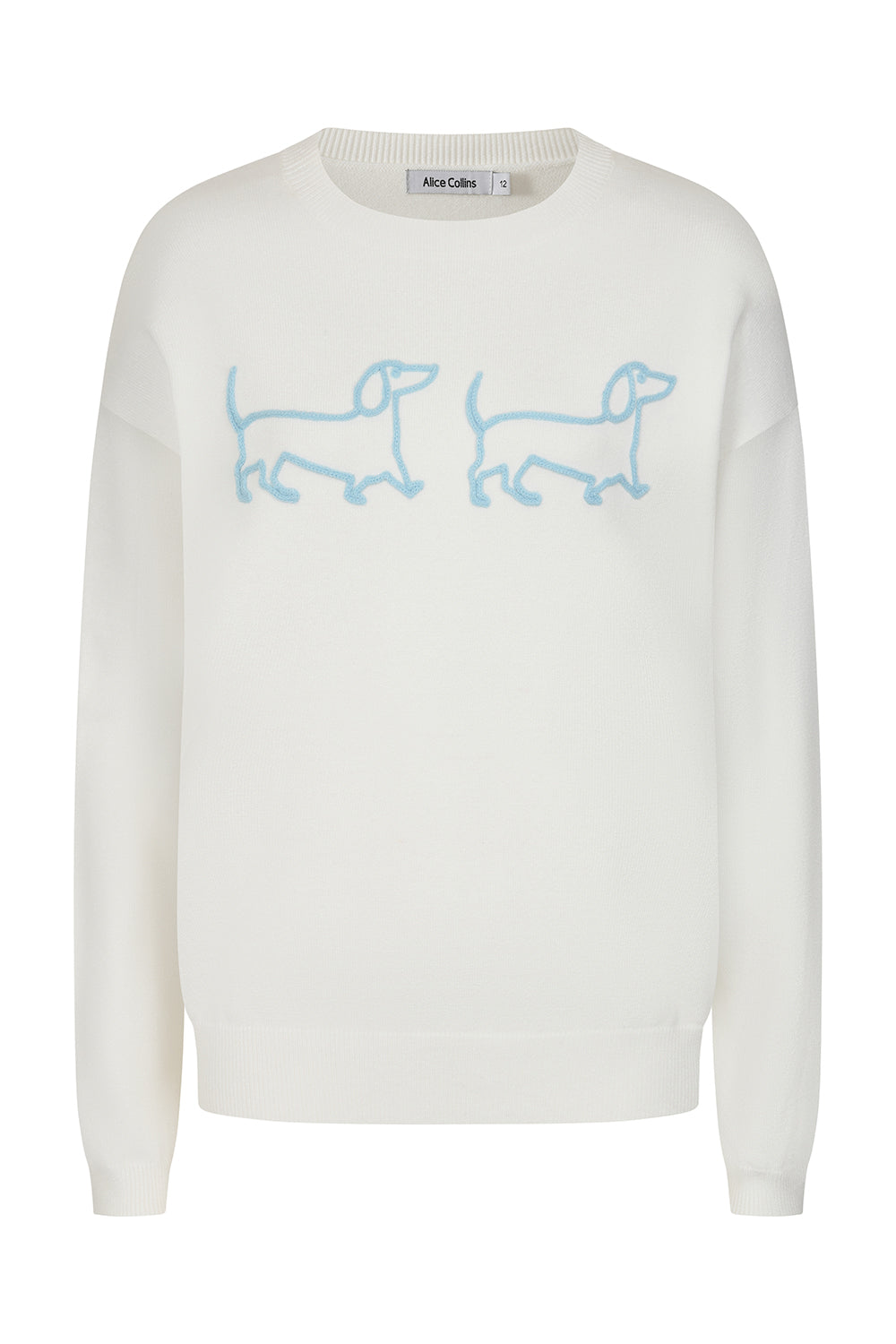 Buy Online Jessie & Pippa Pullover Alice Collins -  White sweater with blue dachshund designs on a white background
