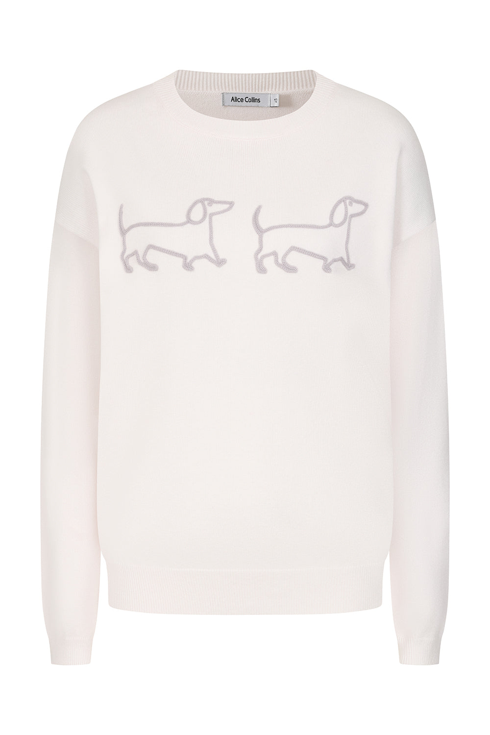 Buy Online Jessie & Pippa Pullover Alice Collins -  Wild Oat Pebble sweater with embroidered dachshunds on a white background