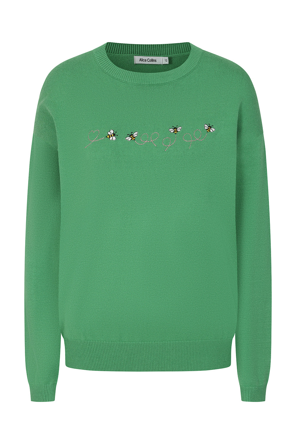 Buy Online Bee Pullover Alice Collins - Green sweater with embroidered design on a white background