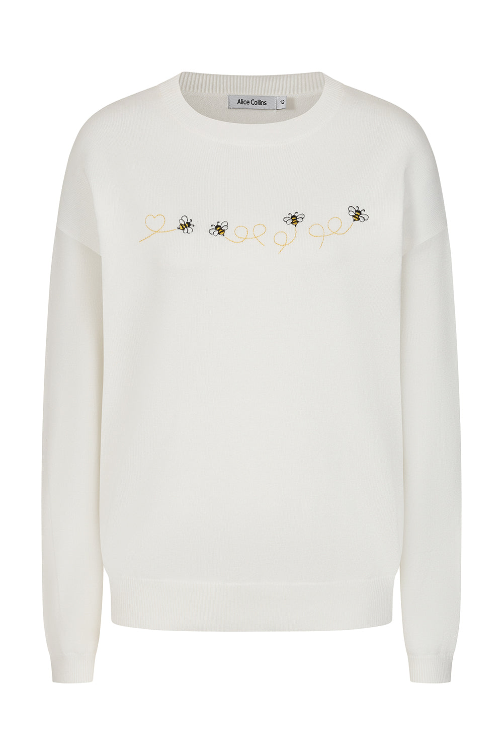 Buy Online Bee Pullover Alice Collins - White sweater with embroidered text and bee designs on a white background