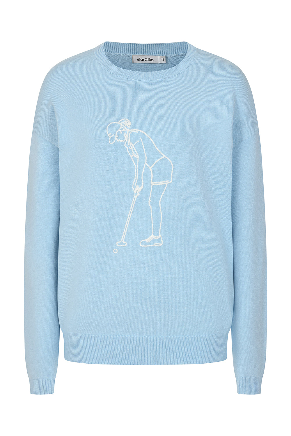 Buy Online Lady Golfer Pullover Alice Collins - Light blue sweater with a white line drawing of a person playing golf on a white background