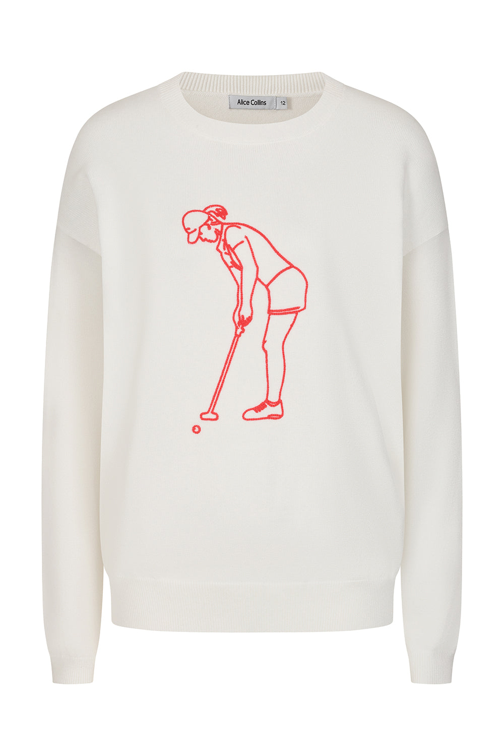 Buy Online Lady Golfer Pullover Alice Collins - White sweater with red graphic of a person playing golf on a white background