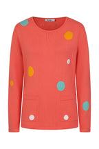 Buy Online Nicola Pullover Alice Collins - Coral sweater with colorful polka dots on a white background