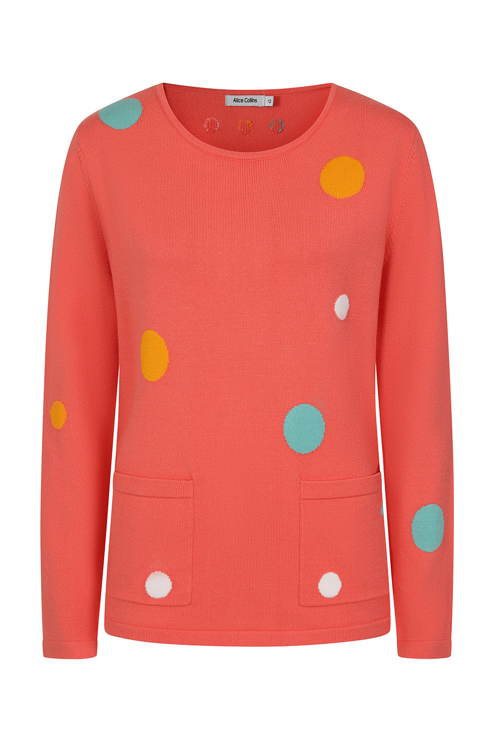 Buy Online Nicola Pullover Alice Collins - Coral sweater with colorful polka dots on a white background