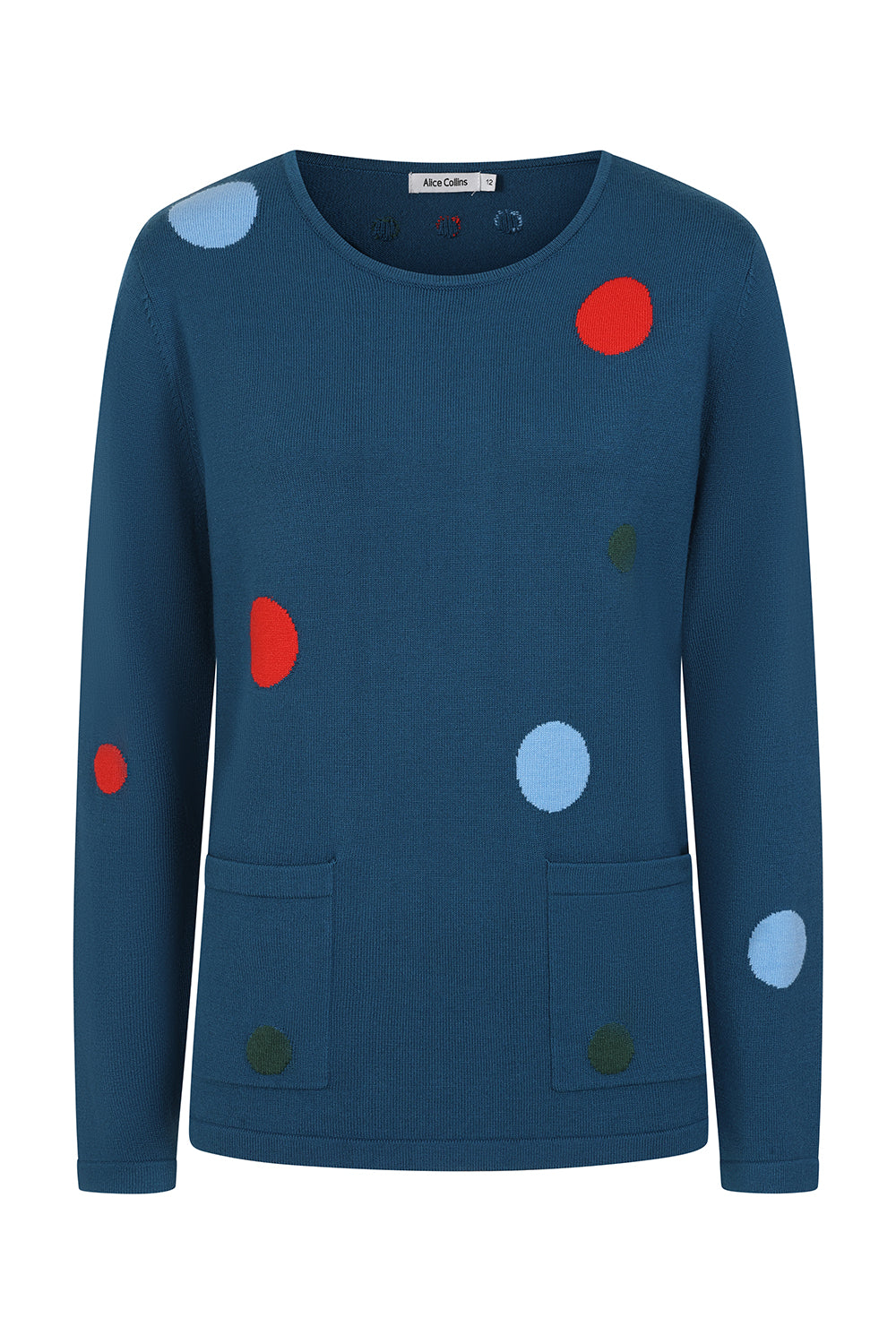 Buy Online Nicola Pullover Alice Collins - Blue sweater with colorful polka dots on a white background