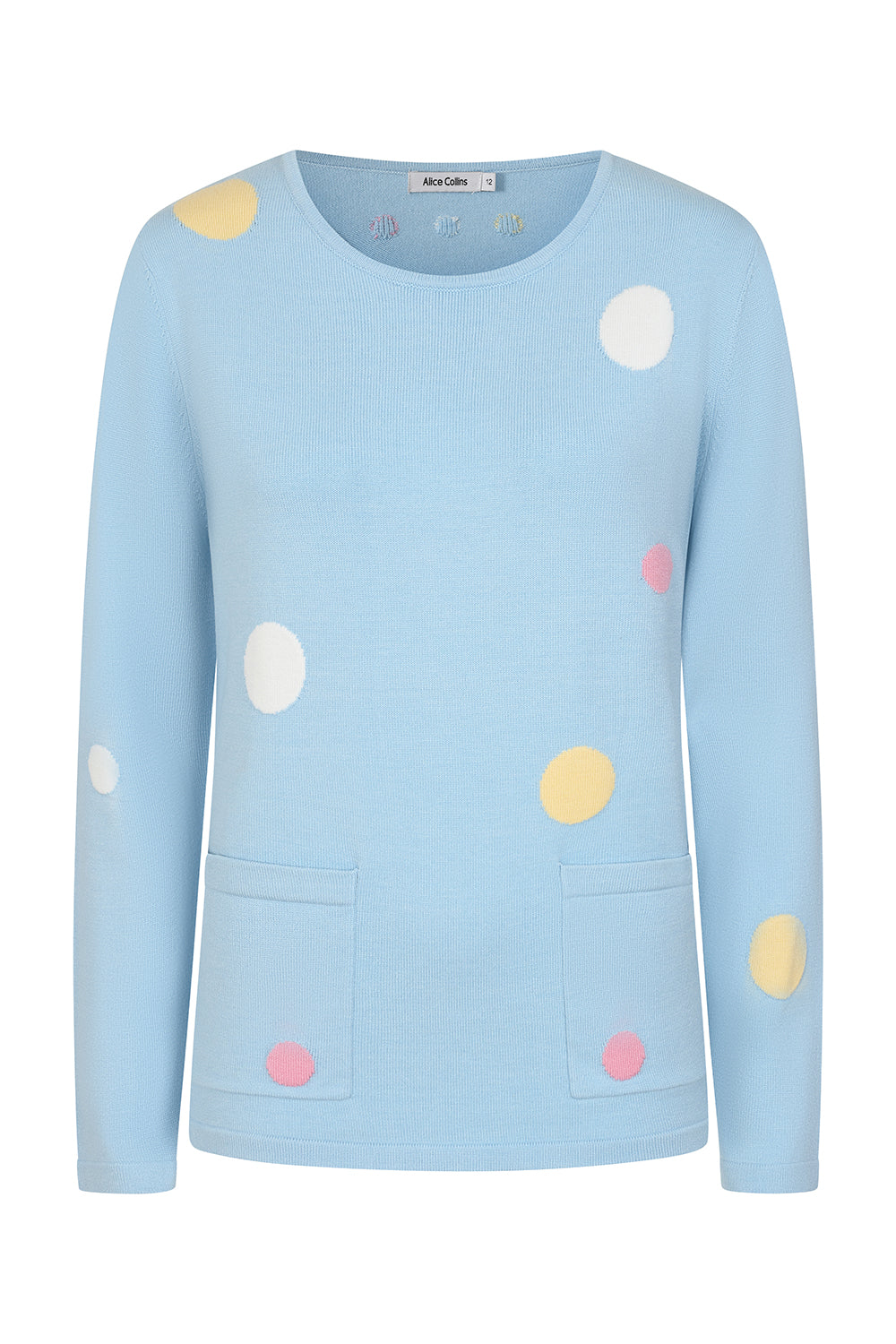 Buy Online Nicola Pullover Alice Collins - Light blue sweater with colorful polka dots on a white background