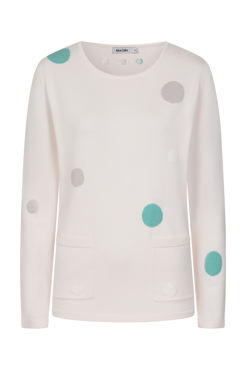 Buy Online Nicola Pullover Alice Collins - White sweater with turquoise polka dots on a white background