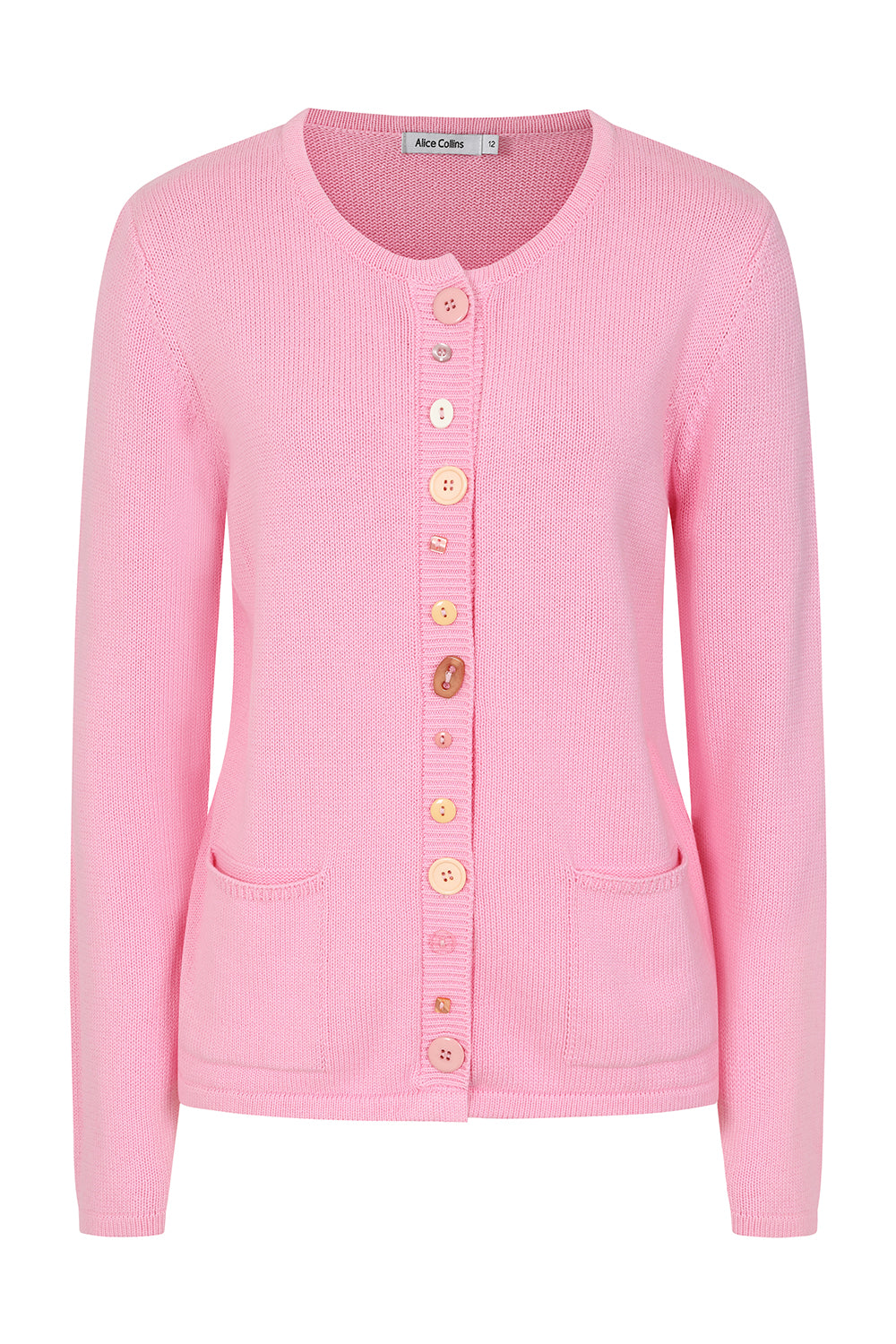 Buy Multi Button Cardigan Online - Alice Collins - Pink cardigan with buttons on a white background