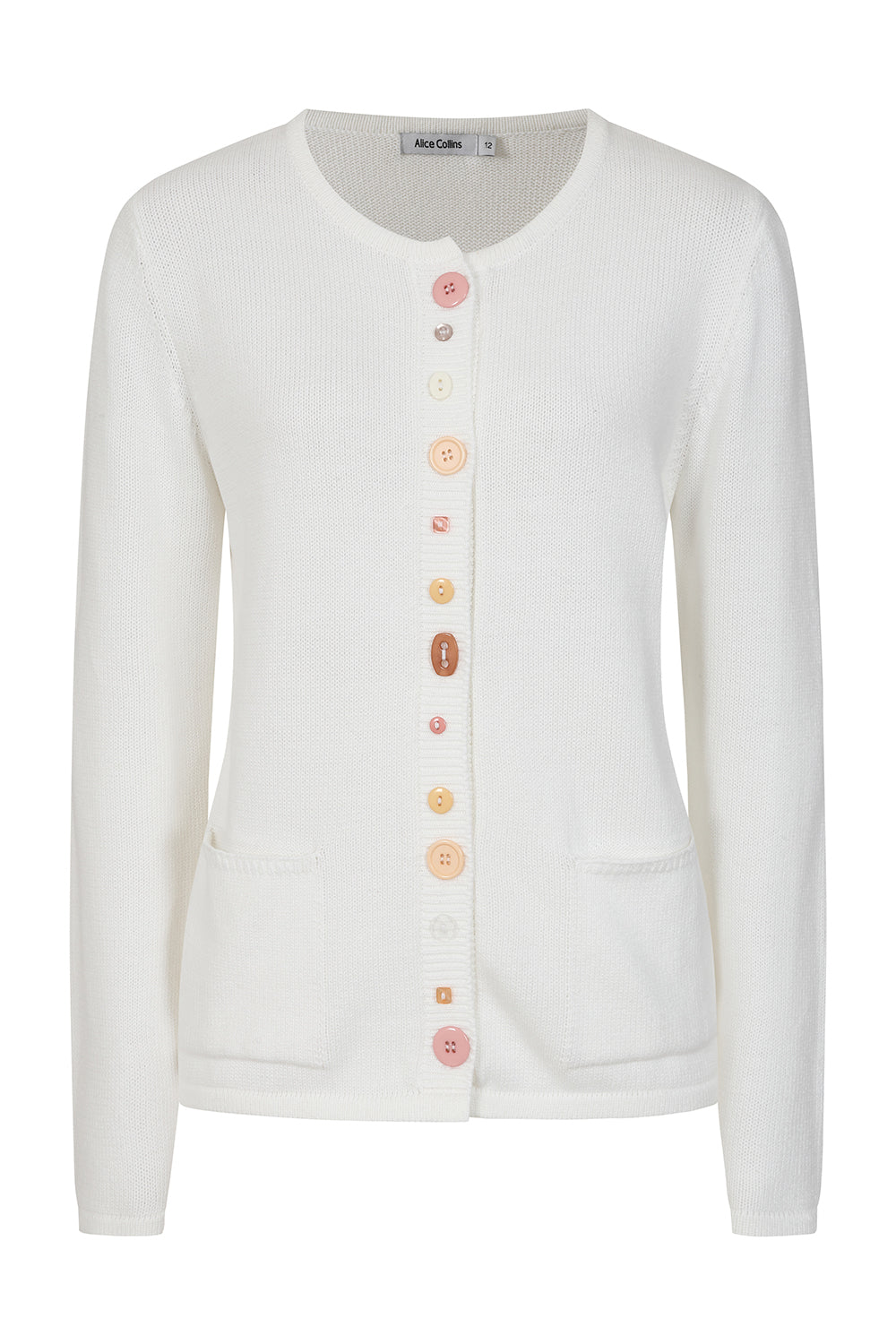 Buy Multi Button Cardigan Online - Alice Collins - White cardigan with colorful buttons on a white background