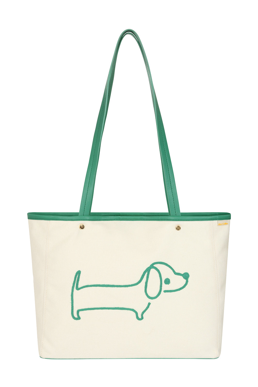 Tote bag with a green dachshund design on a white background