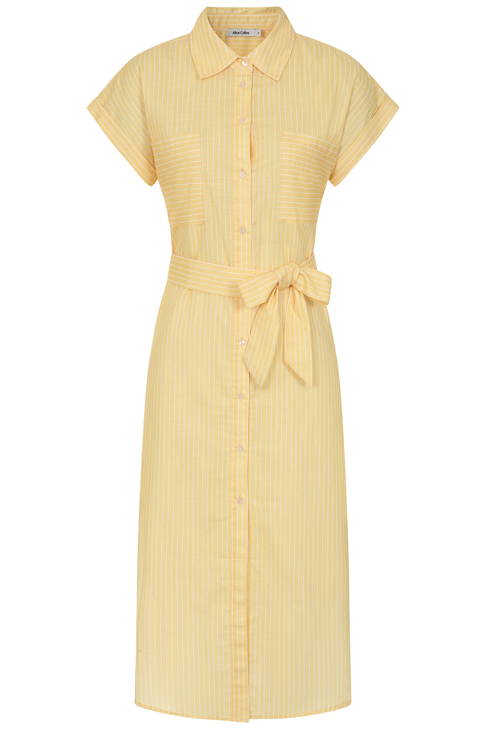 Buy Online Rochelle Stripe Dress - Alice Collins - Yellow striped dress with a belt on a white background