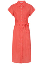 Buy Online Rochelle Stripe Dress - Alice Collins - Red striped dress with a belt on a white background