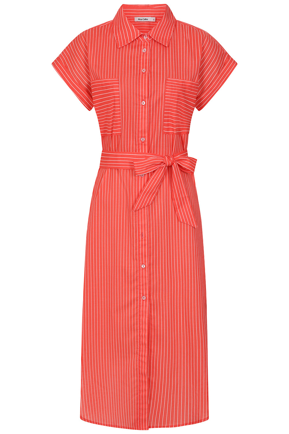 Buy Online Rochelle Stripe Dress - Alice Collins - Red striped dress with a belt on a white background