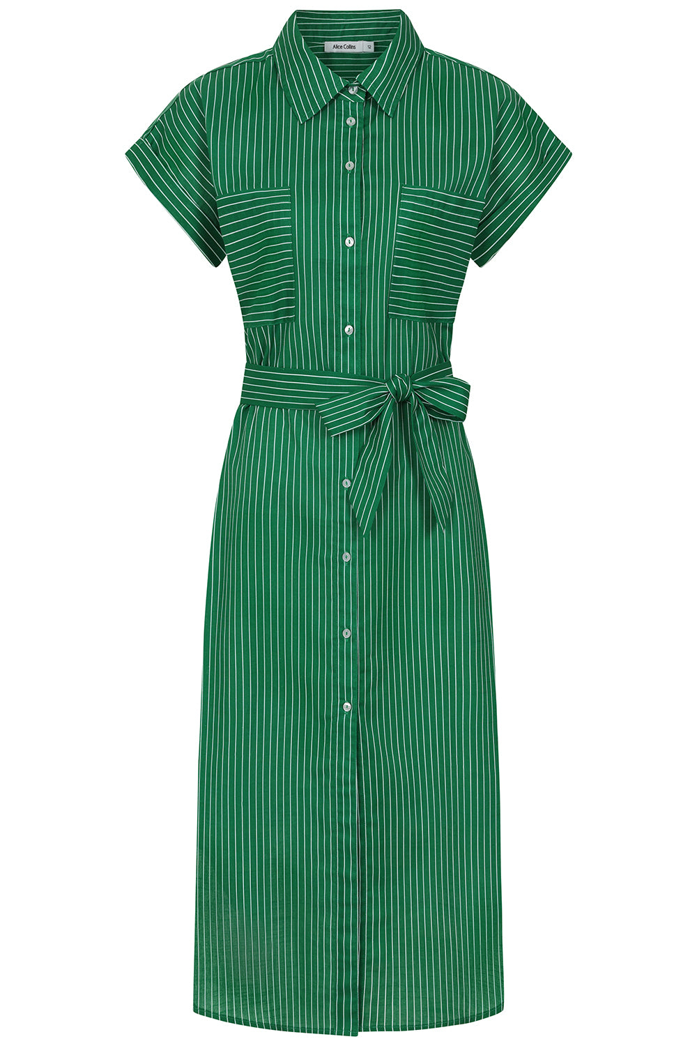 Buy Online Rochelle Stripe Dress - Alice Collins - Green striped dress with a belt on a white background