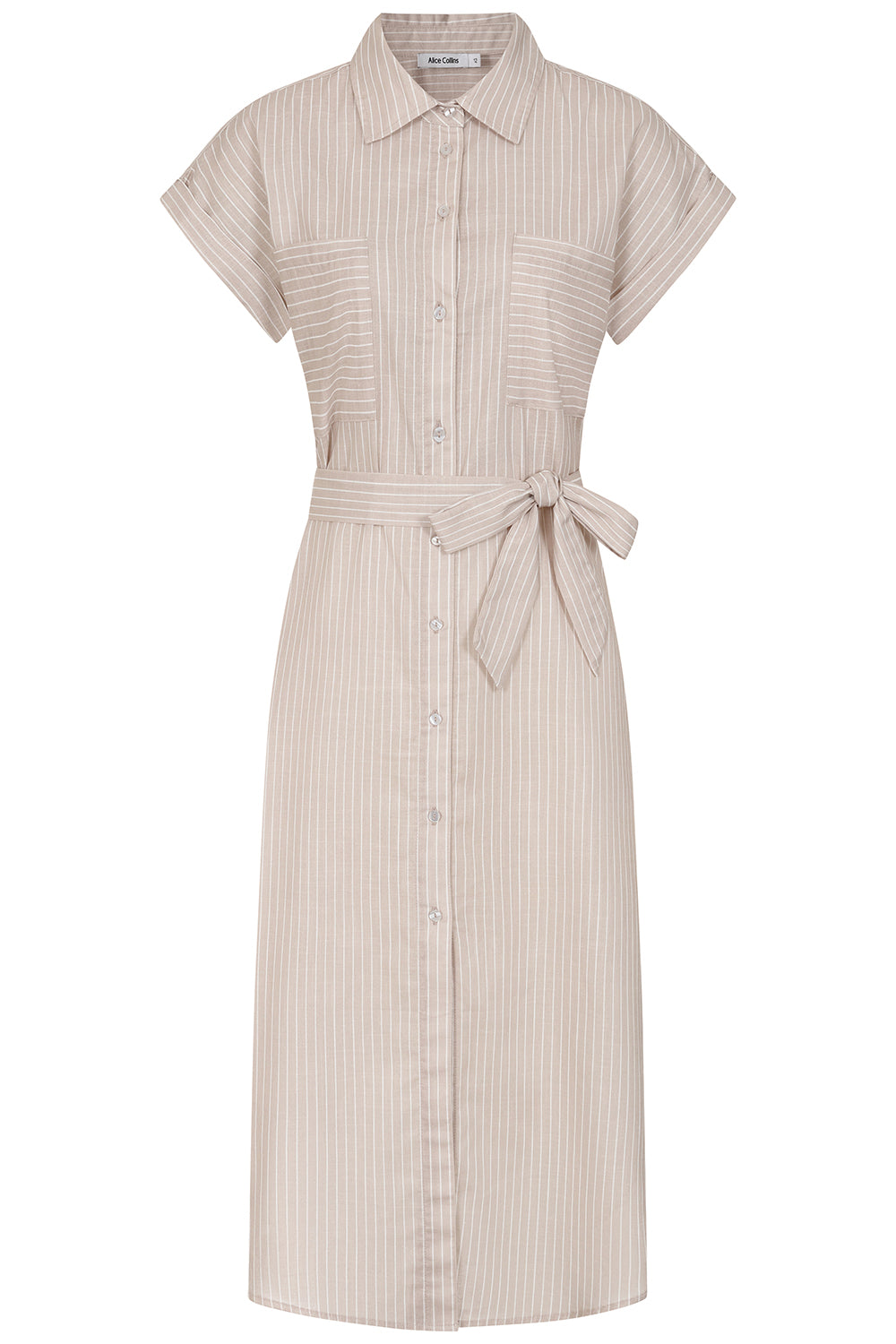 Buy Online Rochelle Stripe Dress - Alice Collins - Beige striped dress with a belt on a white background