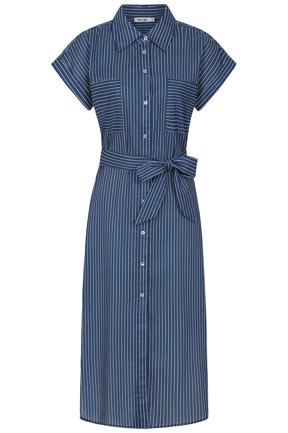 Buy Online Rochelle Stripe Dress - Alice Collins - Blue striped dress with a belt on a white background