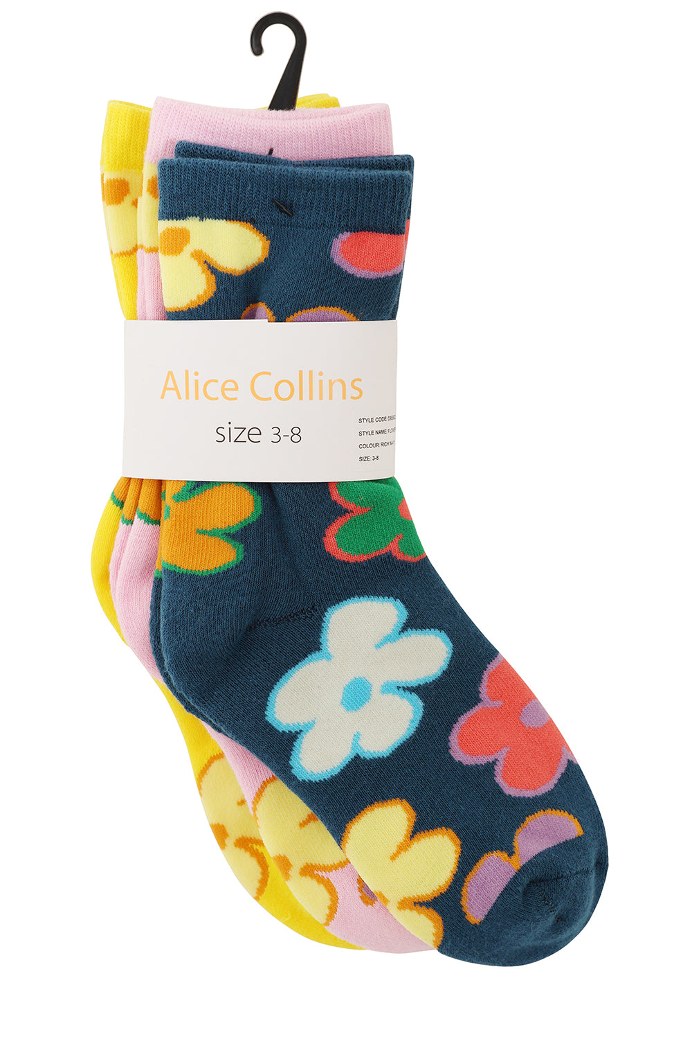 Buy Online Colorful floral-patterned socks with a visible brand label on a white background