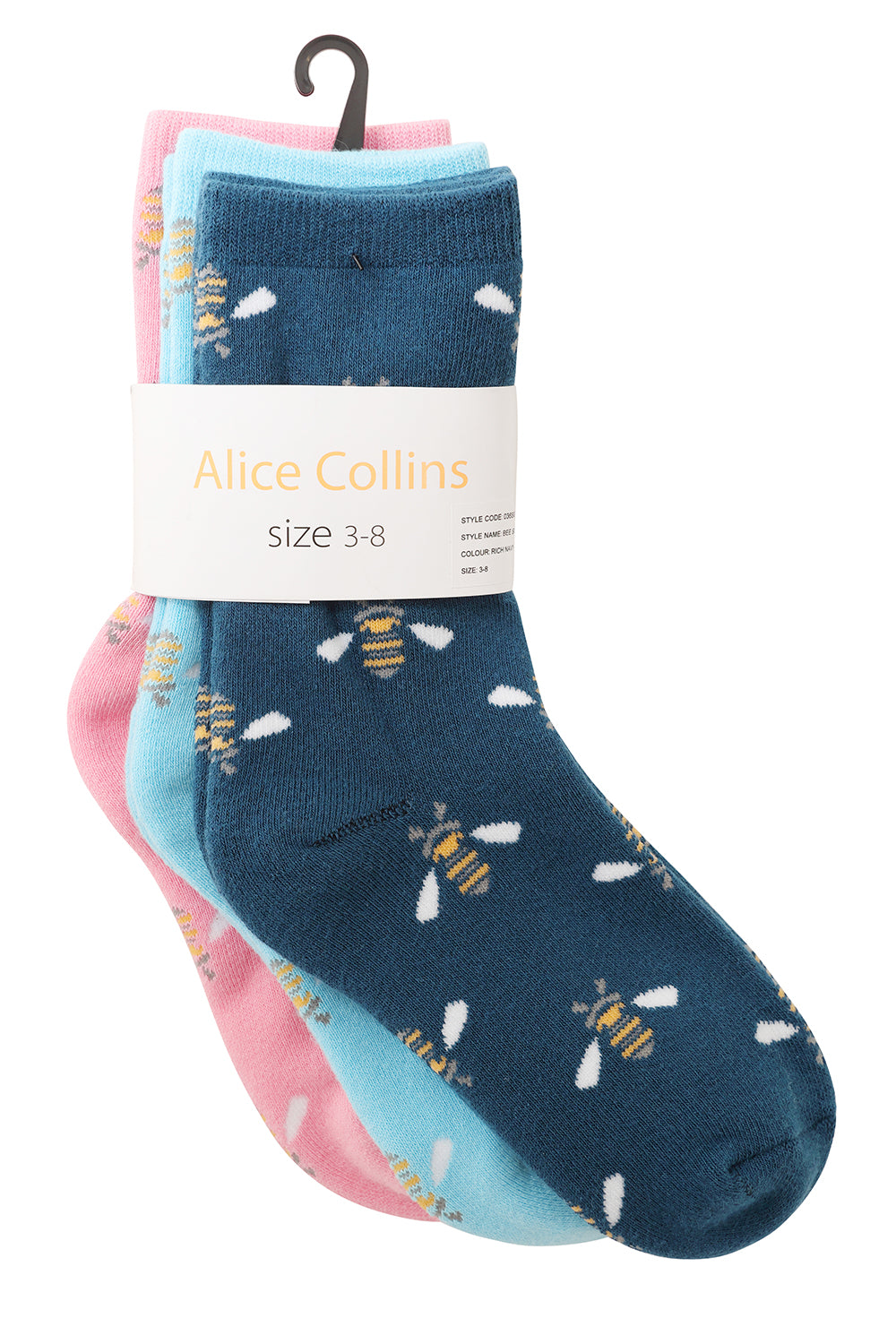 Pack of three socks with bee pattern, two blue and one pink, on a white background.