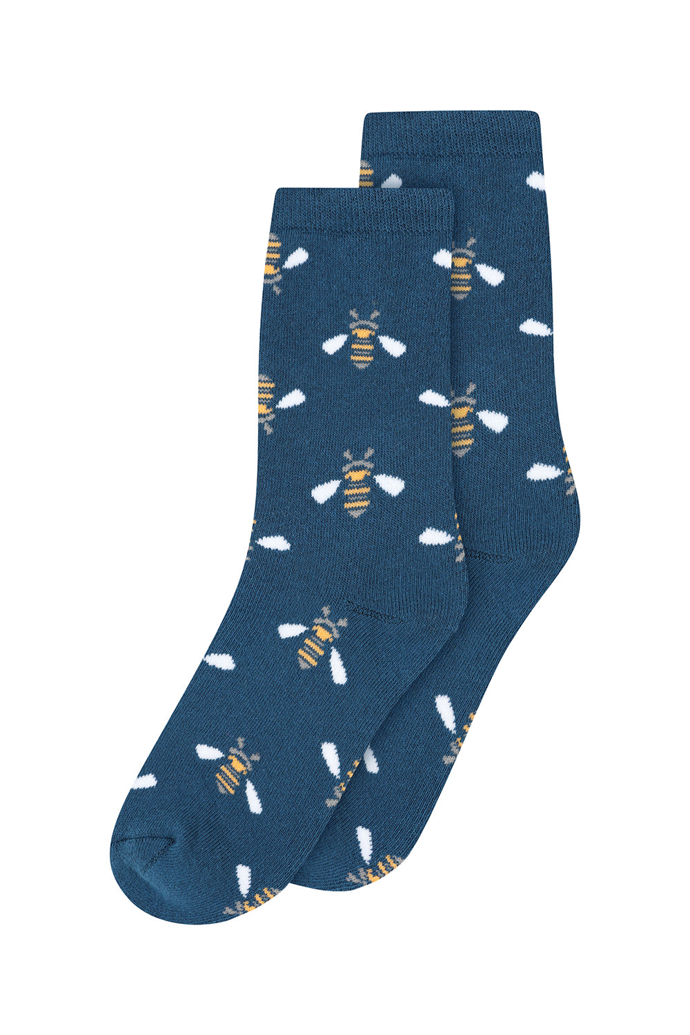 Pair of blue socks with bee pattern on a white background