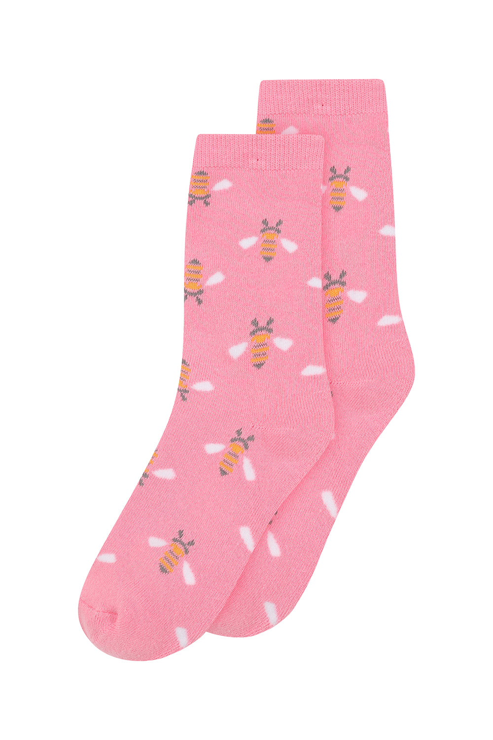 Pink socks with bee pattern on a white background