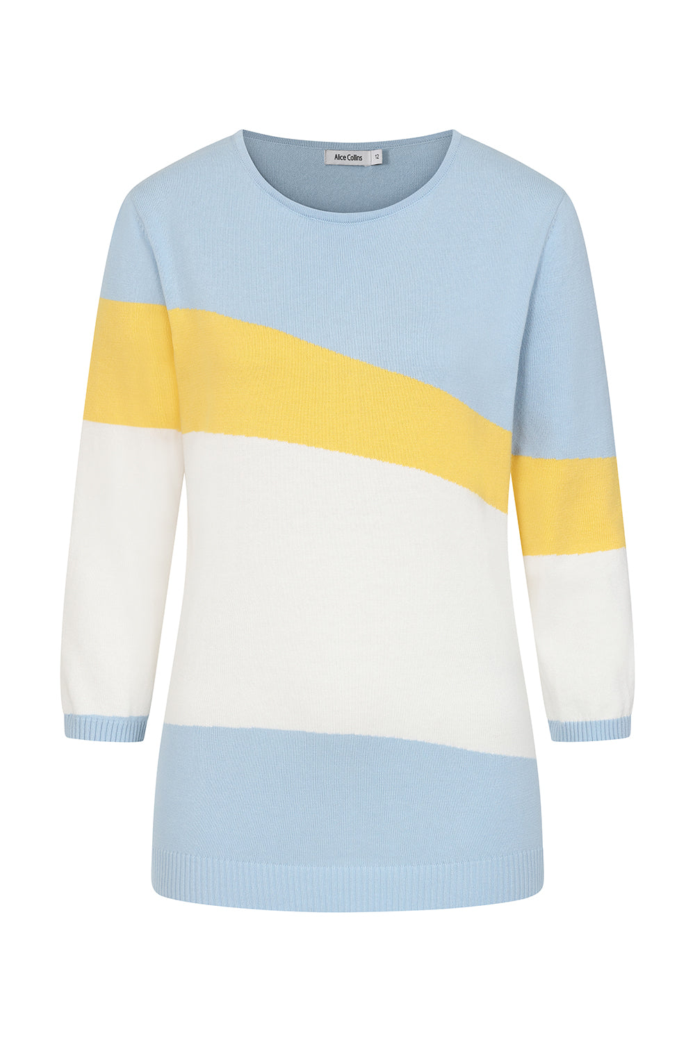 Color-blocked sweater with blue, yellow, and white sections on a white background - Alice Collins