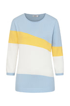 Color-blocked sweater with blue, yellow, and white sections on a white background - Alice Collins
