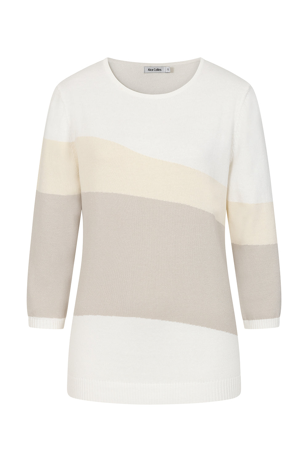 Color-blocked sweater with beige, white, and gray design on a white background