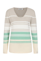 Beige sweater with green and white stripes on a white background