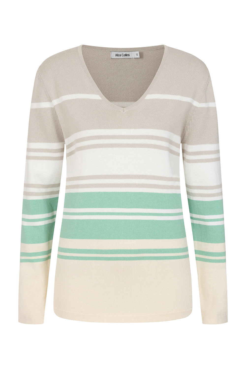 Beige sweater with green and white stripes on a white background
