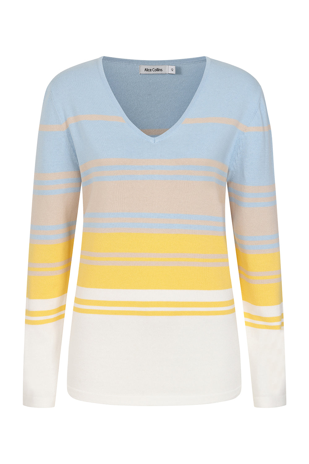 Striped sweater with blue, yellow, and white colors on a white background